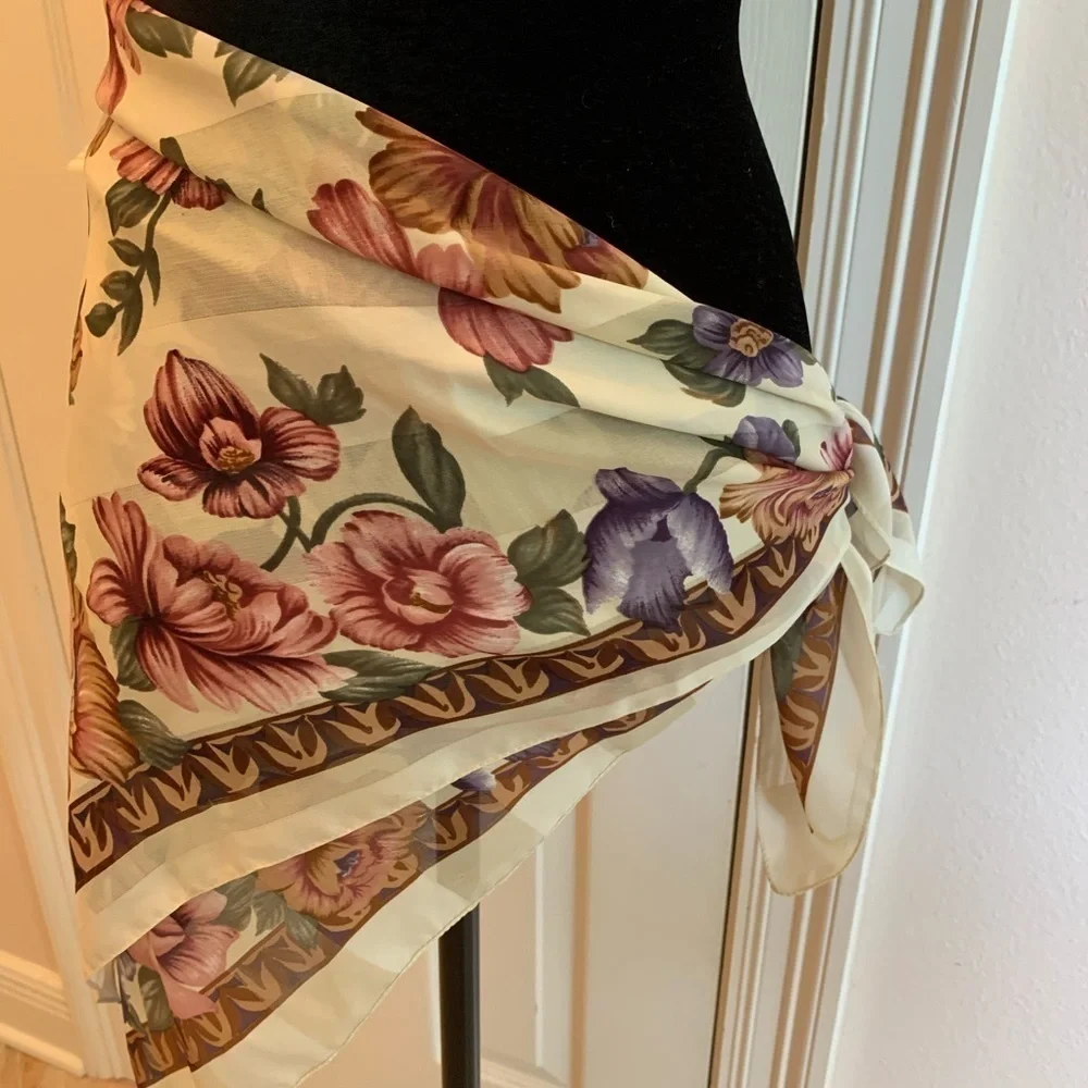 Vintage large square floral scarf wrap pareo bohemian spring summer